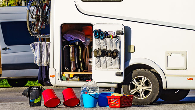 buckets and cleaning equipment outside of a caravan ready for cleaning